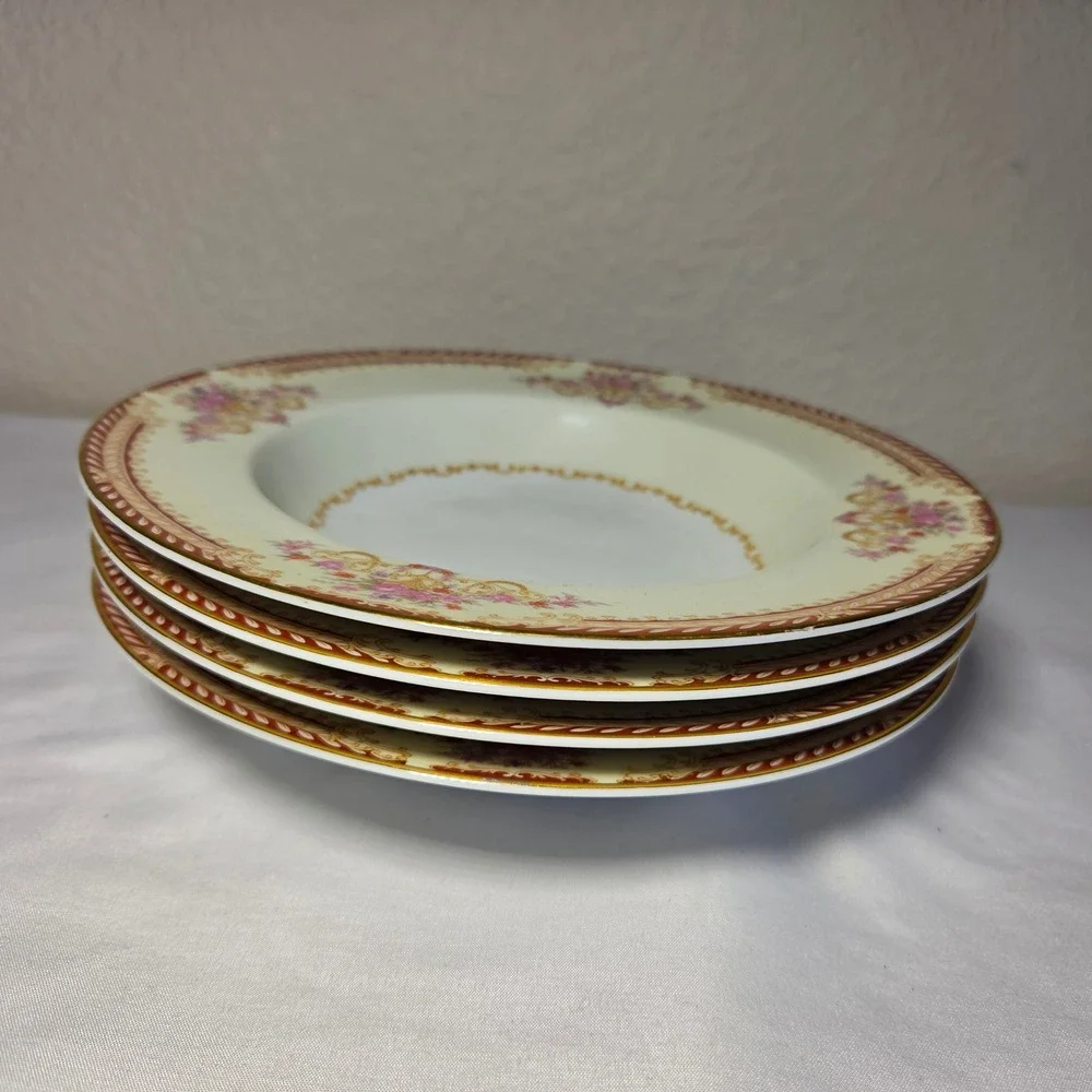 Set of 4 Noritake Japan Soup Bowls Pink Floral Gold Scroll Cream 9 Inch Rimmed